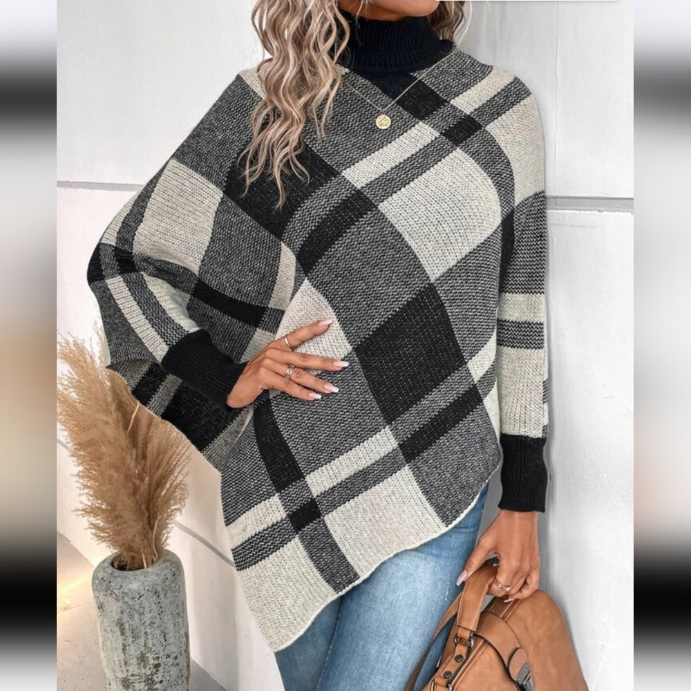 SHEIN LUNE Plaid Pattern Turtleneck Knit Poncho